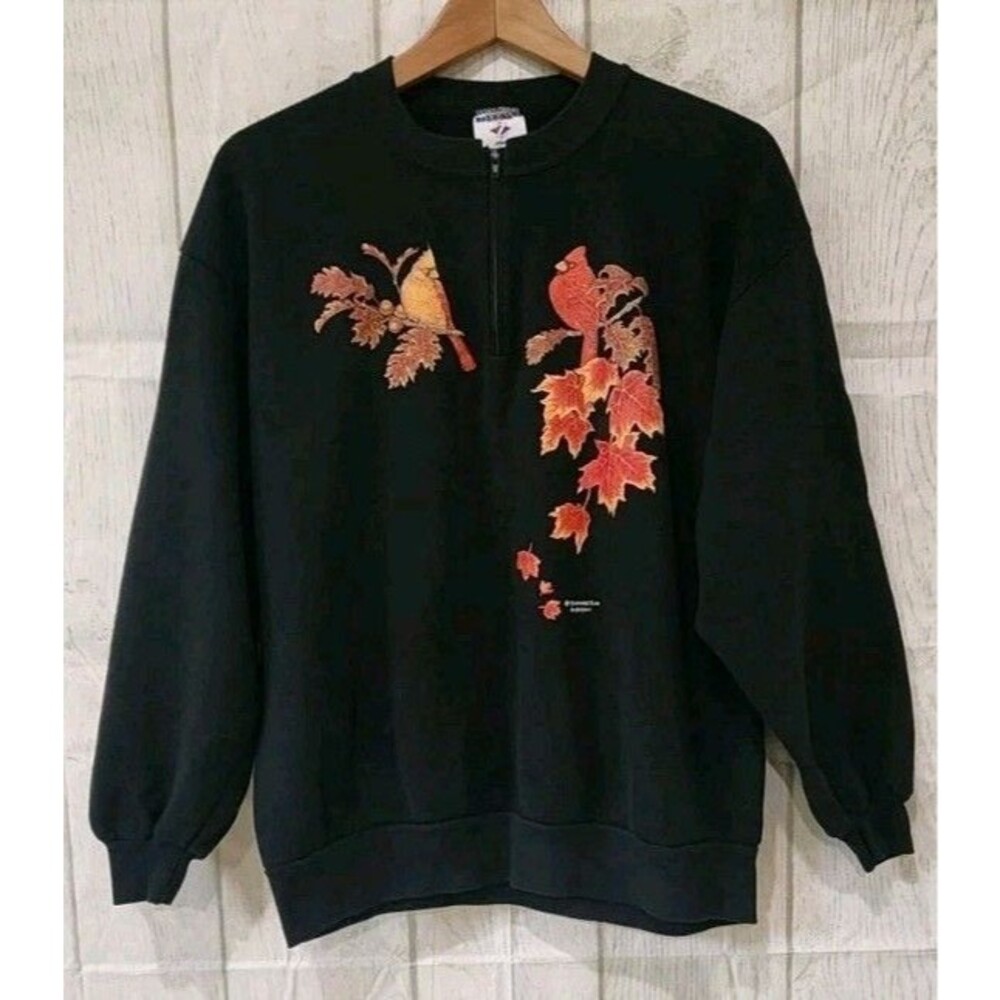 Vtg Jerzees Fall Theme Sweatshirt Woman's Large Black W Autumn Leaves And Robins